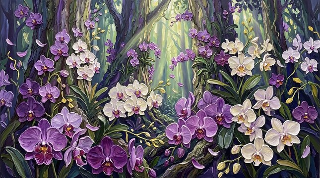 Impressionist Oil Painting of Exotic Orchids in Rainforest with Misty Sunlight