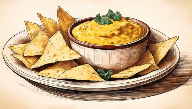 sketch of queso dip and tortilla chips on plate