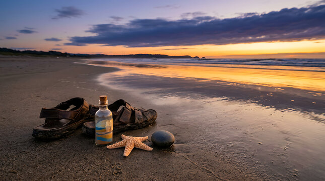 Summer Beach Objects on Wet Sand at Golden Hour Shoreline