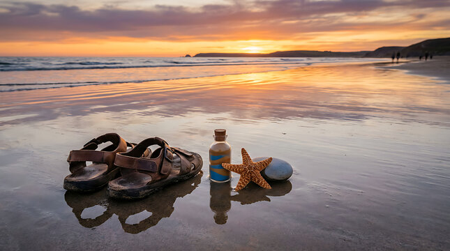 Summer Beach Objects on Wet Sand at Golden Hour Shoreline