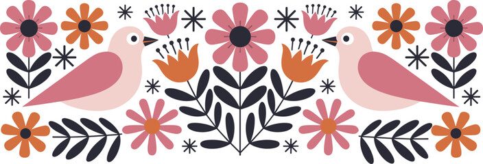 Folk art floral and bird pattern with pink and orange flowers in a symmetrical decorative style decorative illustration ornamental traditional botanical © Chayan