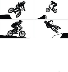 Obraz premium BMX rider silhouettes performing extreme stunts jumps and tricks on outdoor ramps vector illustration set