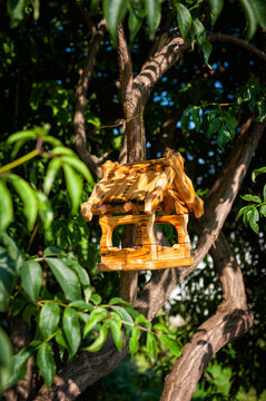 Handmade wooden birdhouse hanging on a sunlit tree branch. Perfect for eco-friendly, DIY content