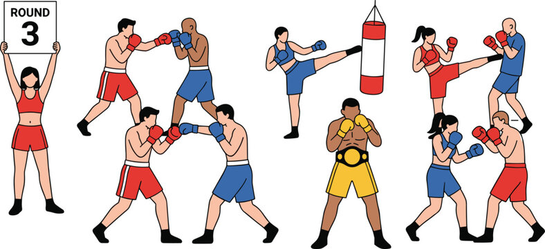 Set of cartoon boxing and kickboxing characters training sparring fighting and holding ring card vector illustration