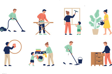 Fototapeta premium Collection of family characters doing various household chores and cleaning activities at home flat vector illustration