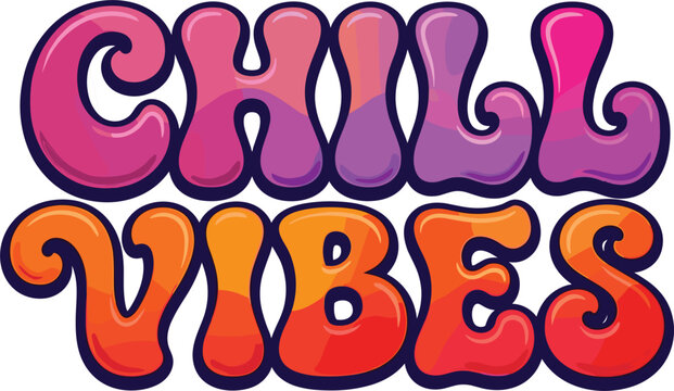 Groovy retro chill vibes text design with colorful 1970s psychedelic bubble lettering isolated vector illustration