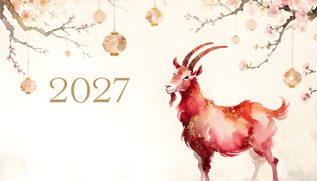 Watercolor banner with goat or sheep, 2027 Chinese New Year of the Goat, spring lantern festival and blossom branches