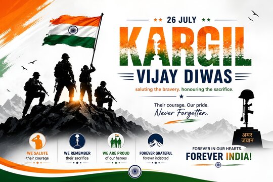 Kargil vijay diwas celebration greeting with soldiers holding indian flag