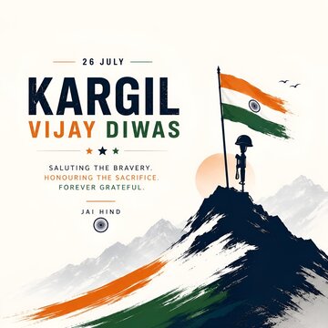 Kargil vijay diwas patriotic greeting card with indian flag and soldier memorial