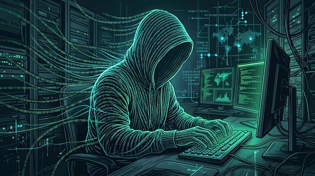 Hooded Hacker Silhouette Made of Binary Code Line Art Cybersecurity Concept Vector Illustration