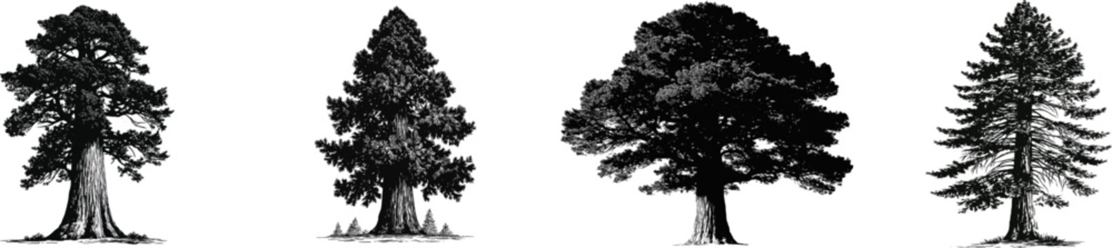 A majestic giant sequoia tree stands tall with its thick trunk and lush canopy, rendered in a striking black-and-white vector illustration against a pristine white background