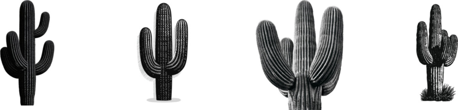 A majestic saguaro cactus stands tall with its classic vertical ribbed textures and arms, rendered in a striking black and white vector illustration against a solid white background, set against the