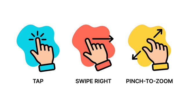 Set of hand gestures icons for touch screen interface, including tap, swipe right, and pinch to zoom