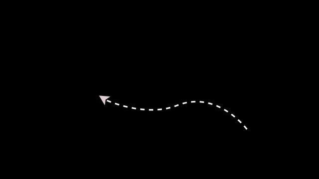 Animated white dotted arrow moving in a curved wavy path on transparent background with alpha channel.4K video