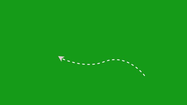 Animated white dotted arrow moving in a curved wavy path on transparent background with alpha channel.4K video