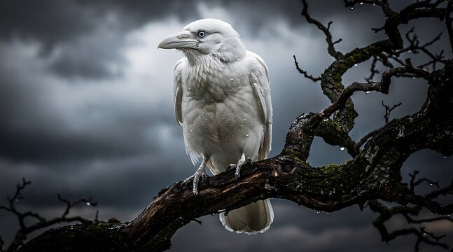 A rare white raven perched on a gnarled tree branch under a dark stormy sky.