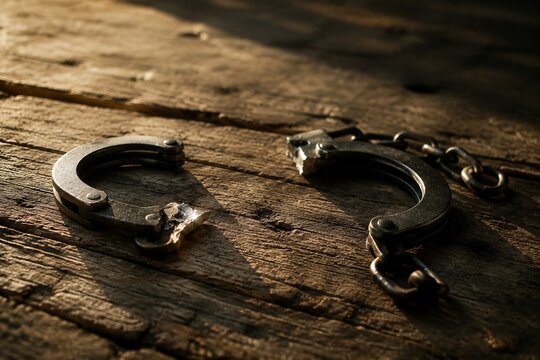 Broken iron handcuffs resting on aged wood, sunlight catching the fractured edges, symbolizing liberation.