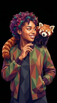 A stylish young woman with colorful geometric hair posing with a cute red panda on her shoulder.