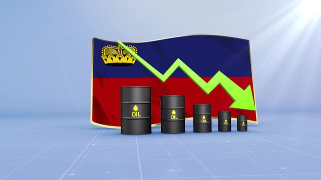 Liechtenstein Oil Price Falling with Oil Barrels Downward Green Arrow and 3D Financial Data Visualization Graphs for Economy and Business Concept