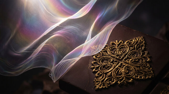 Iridescent translucent fabric floating in darkness