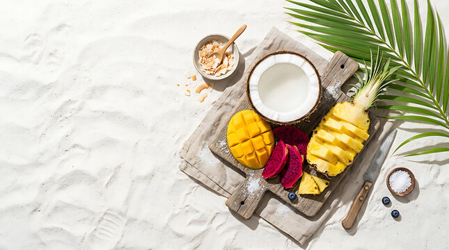 Overhead View of Tropical Fruit Spread on White Sand Beach