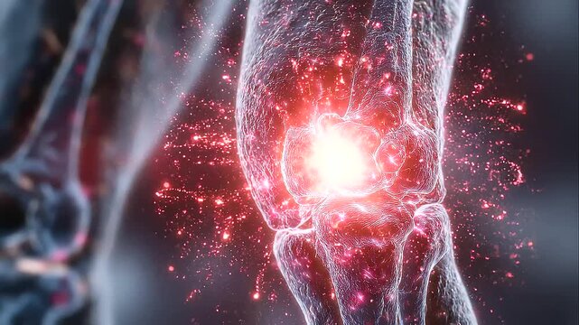 Conceptual medical photograph visualizing knee joint pain and inflammation. A digital x-ray style rendering shows the human leg bones and knee joint in cool blue tones with copy space