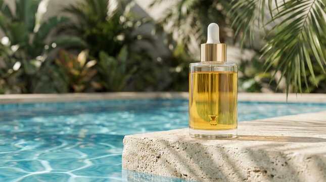 Luxury sunscreen oil bottle on stone podium by sparkling swimming pool.