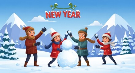 Fototapeta premium Children build snowman and play in the snow on New Year's Day.