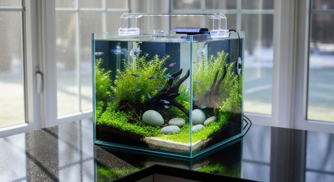 Vibrant aquarium with neon tetras and lush green plants.