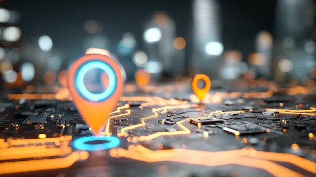 Futuristic digital map with glowing blue location pin icons hovering over a dark, high-tech circuit board surface. Abstract 3D visualization of geolocation, GPS navigation, with copy space