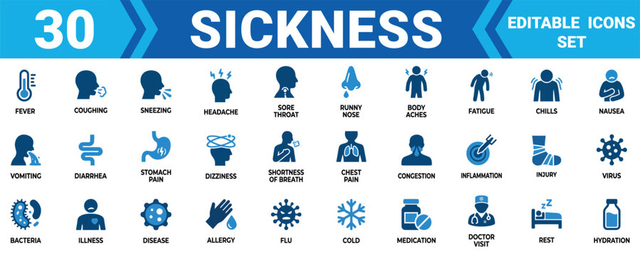 Set of 30 medical sickness icons showing symptoms of flu cold virus and common health illness conditions Vector, illustration Minimal solid vector icon set bundle collection.Mega pack