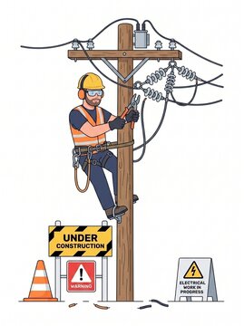 Illustration of an electrician repairing power lines on a wooden utility pole with warning signs.