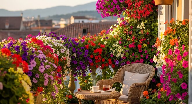 A vibrant balcony filled with colorful petunia flowers, featuring a wicker chair and a teacup on a table, overlooking a scenic European cityscape at sunset.