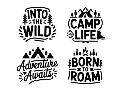 Set of four camping and adventure typography designs with mountains trees and campfire graphics