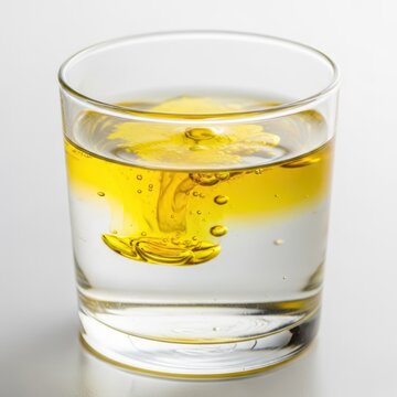 Melted golden butter oil separates and floats atop clear water in a simple glass, illustrating concepts of immiscibility and density differences, ingredient, hydration, fresh