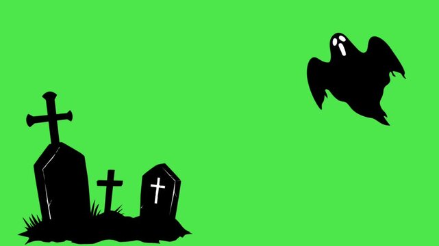 Halloween Spooky Graveyard Cemetery Tombs with Ghost Silhouette on Green Screen