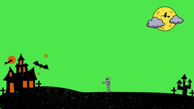 Spooky Halloween Night Landscape with Little Mummy and Flying Witch on Green Screen