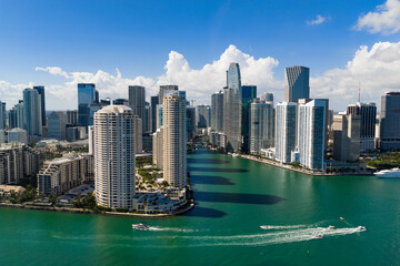 Naklejka premium Miami skyline with skyscrapers near Brickell. Miami cityscape with around Brickell district. Aerial Miami Brickell downtown. Miami waterfront panorama with Brickell skyline.