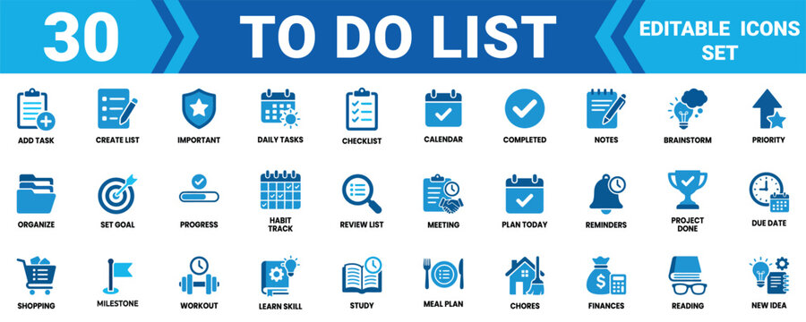 Set of 30 blue to do list icons for daily planning tasks and project management organization symbols Vector, illustration Minimal solid vector icon set bundle collection.Mega pack