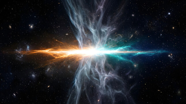 Cosmic Collision: A vibrant depiction of two celestial forces, one fiery orange and the other cool blue, colliding in the vast expanse of space, creating a spectacular nebular display.