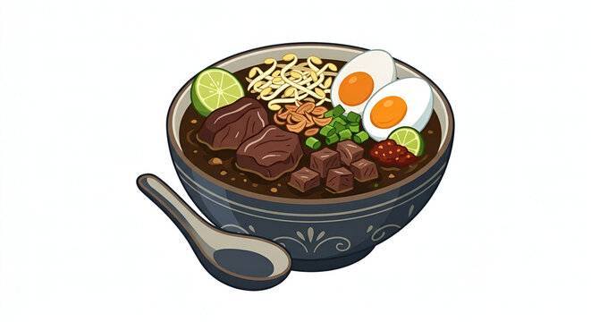 Vector illustration of Rawon, a traditional Indonesian black beef soup cooked with keluak nuts, served with bean sprouts, salted egg, lime, and sambal in a bowl.