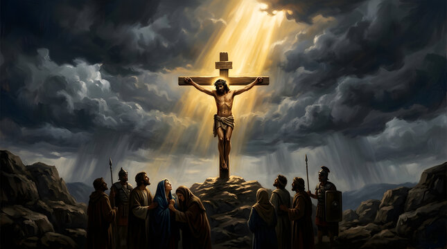 Crucifixion under a Dramatic Sky: A poignant depiction of the crucifixion, with Jesus Christ on the cross bathed in divine light amidst a dramatic, stormy sky, surrounded by onlookers below.