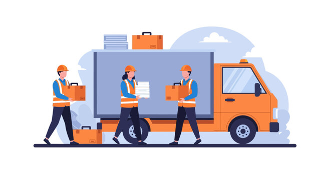 Two logistics workers in hard hats and vests load boxes onto an orange delivery truck for efficient transport and delivery services.