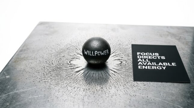 Dark sphere labeled willpower on metal surface with magnetic field