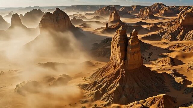 Mesmerizing Yardangs Veiled in Desert Sandstorm