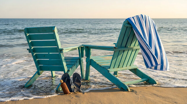 Empty Beach Chair with Towel and Flip Flops at Ocean Shoreline Summer