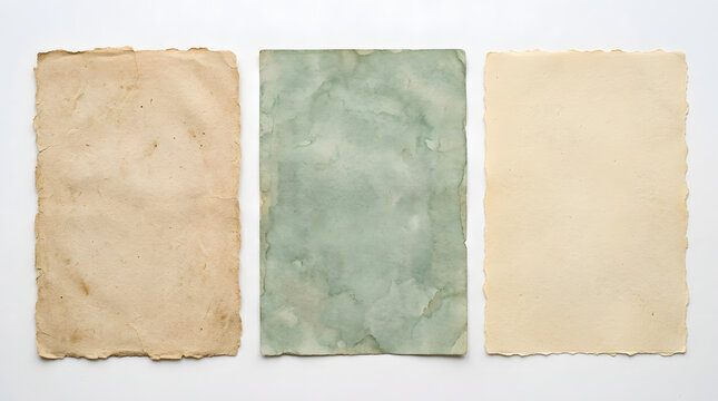 Three Vintage Paper Sheets: Three distinct vintage paper sheets, one aged and sepia-toned, another with a subtle green watercolor wash, and a third in a soft cream hue, are arranged side-by-side.