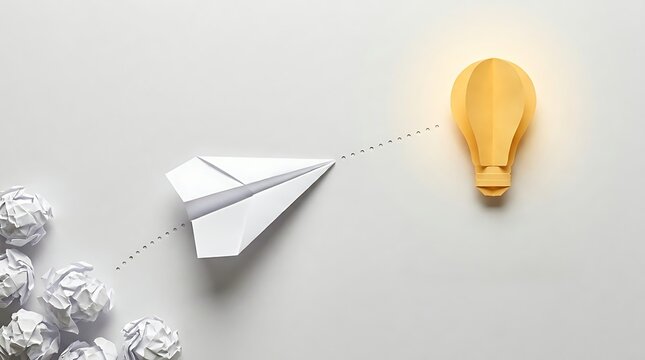 Single paper airplane flying from crumpled pile towards yellow lightbulb representing standout idea and successful business innovation