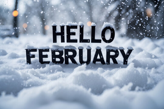 Greeting card banner with inscription Hello, February on background of snowy forest AI Generative