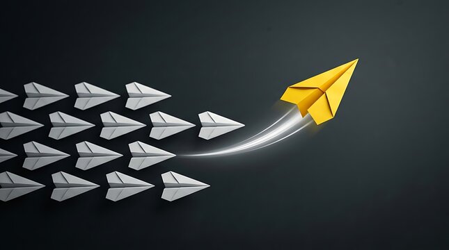 Yellow paper airplane breaking away from white crowd flying upward symbolizing innovative business leadership and competitive market advantage